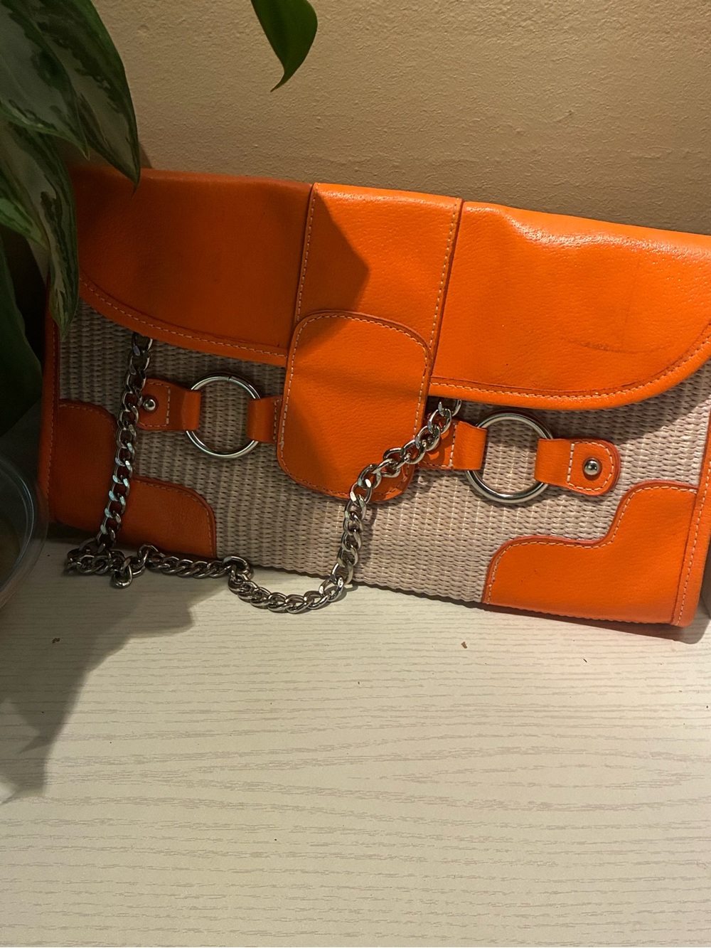 Merona Orange Woven Leather-Trim Clutch with Chain